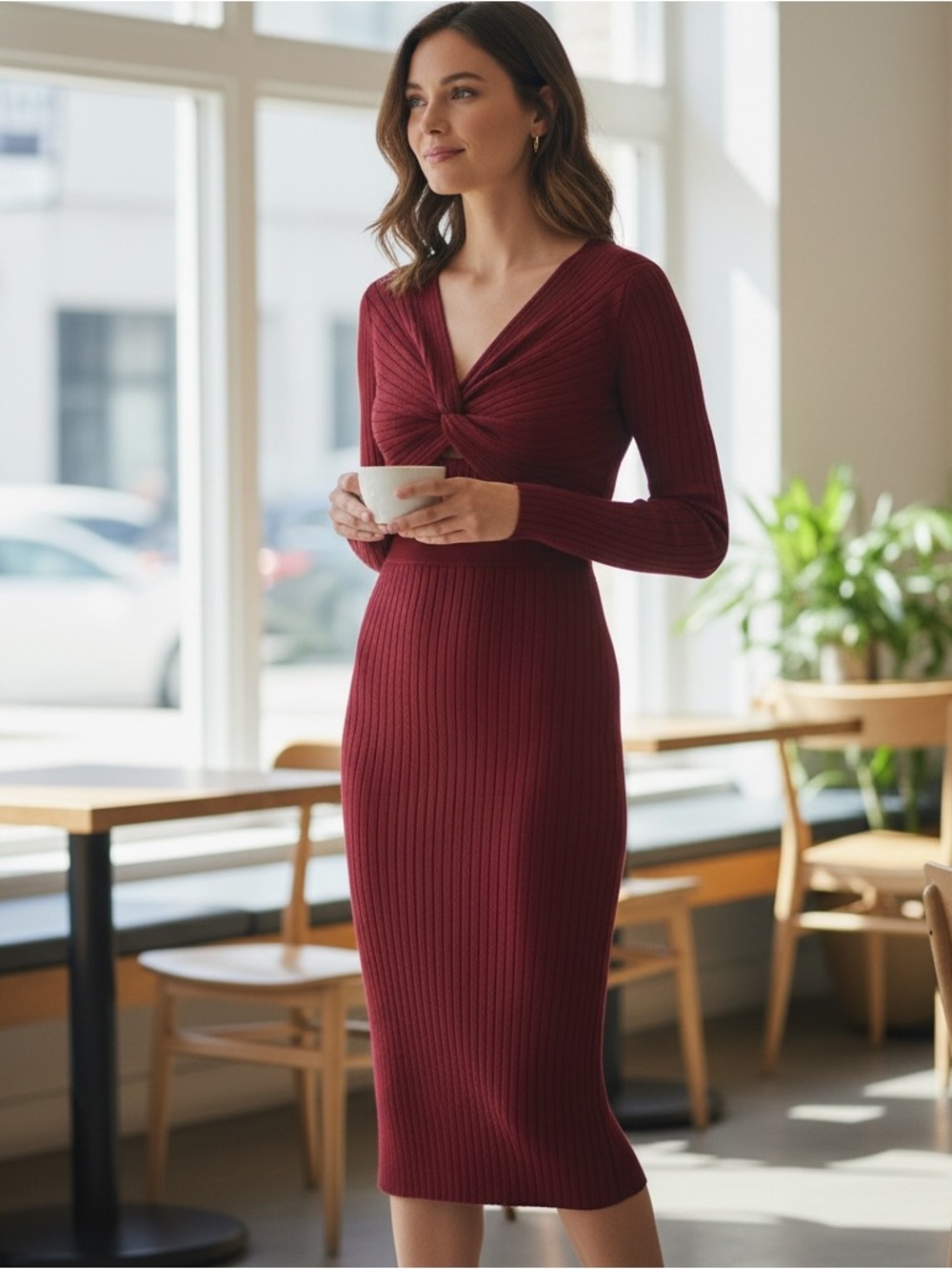 RAMY BROOK Knit Bordeau Twist Front Keyhole Ribbed Pilar Long Sleeve Dress!